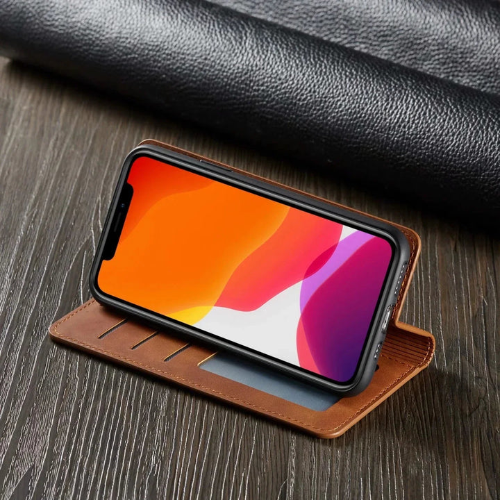 Black magnetic wallet phone case for iPhone viewed from an angled perspective