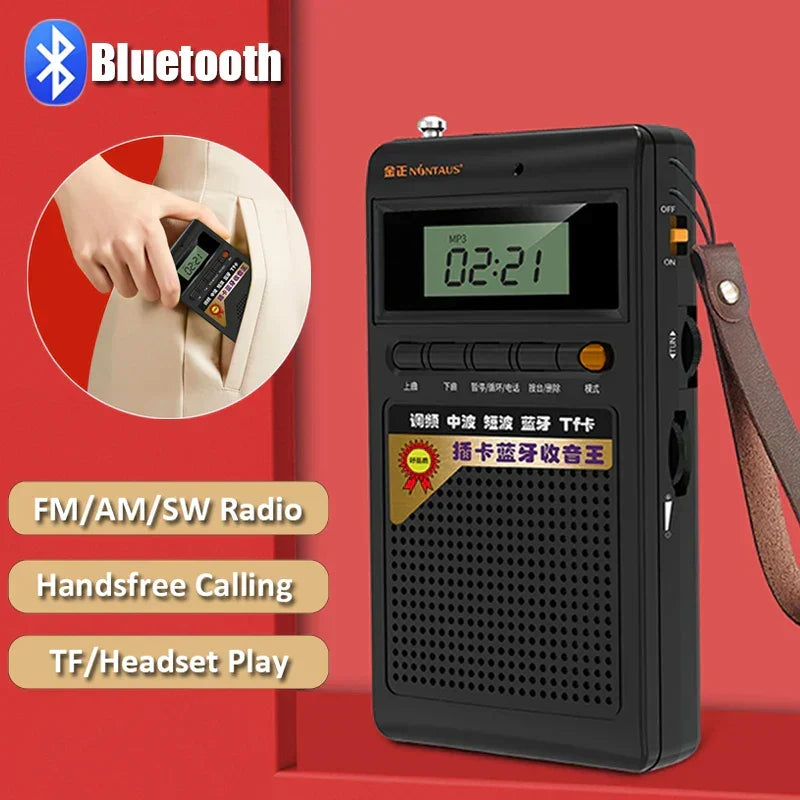 Portable mini Bluetooth radio being held in a hand showing compact size