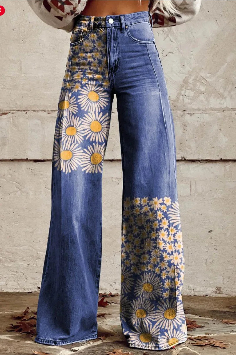 Back view of casual wear botanical print trousers designed with a relaxed elastic waistband.