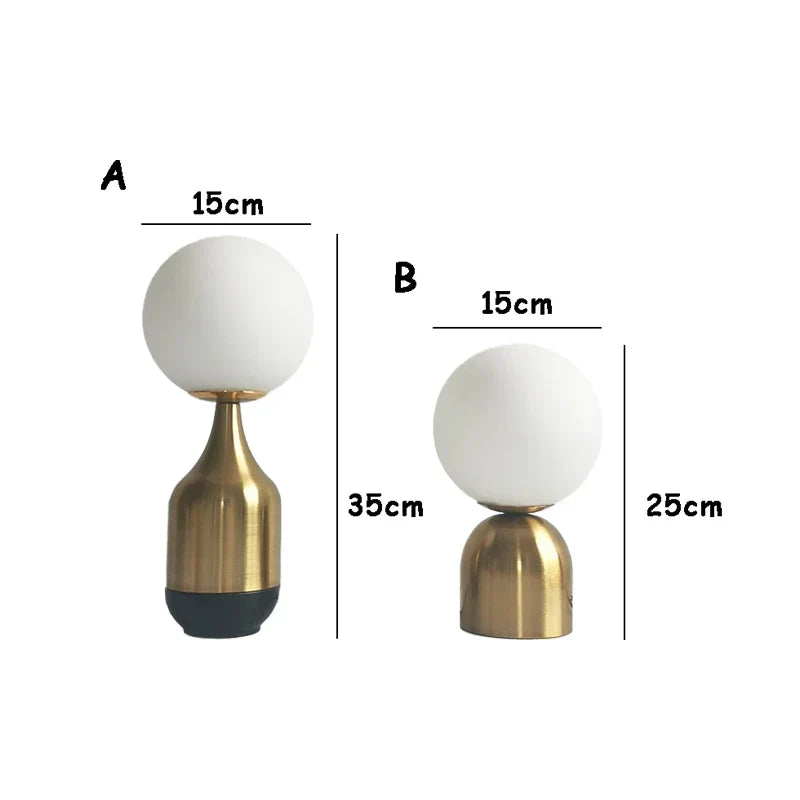 Close-up of the brass frame and glass globe on the modern desk lamp.