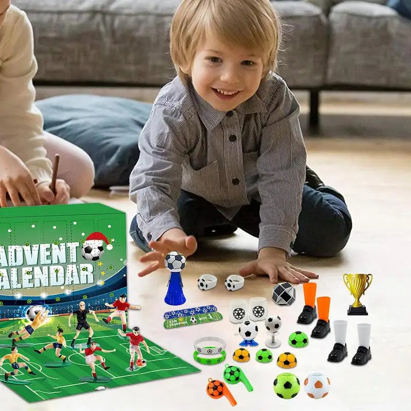 Young boy playing with soccer advent calendar building blocks and toy figures