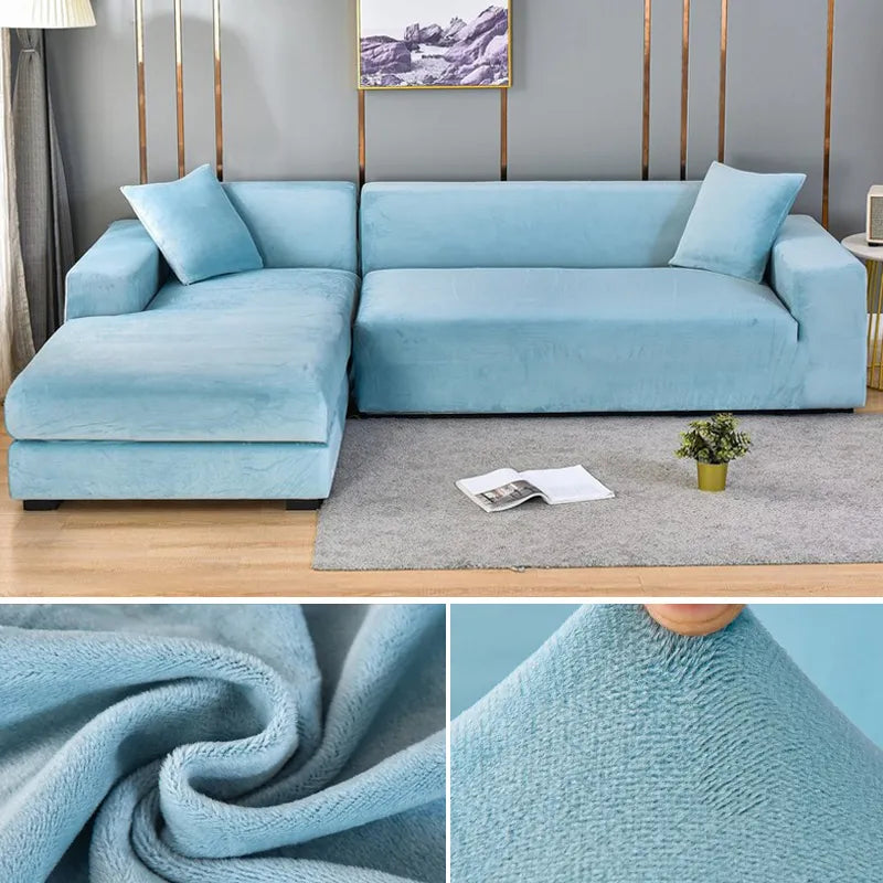 Stretchy furniture protector fabric pulling to demonstrate elasticity