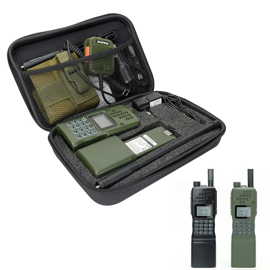 Tactical two-way radio set packed securely inside a heavy-duty protective carrying case