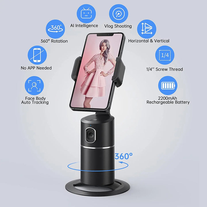 Auto-tracking phone holder showcasing various feature icons around it
