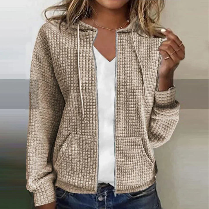 Back view of comfortable women's casual layering jacket with hood