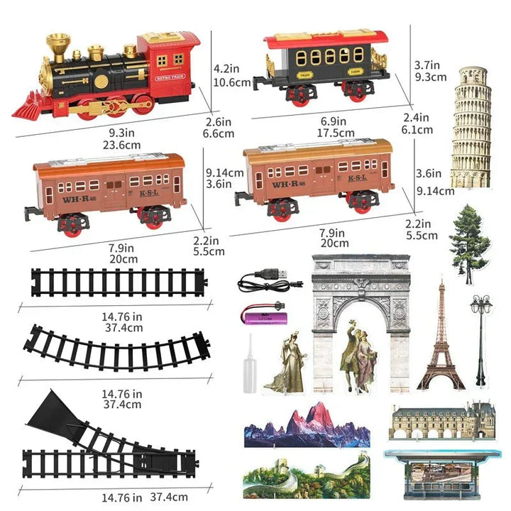 Vintage train set with tracks and scenery accessories showing dimensions