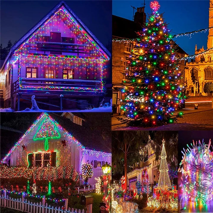 House exterior and large Christmas tree decorated with bright solar LED string lights