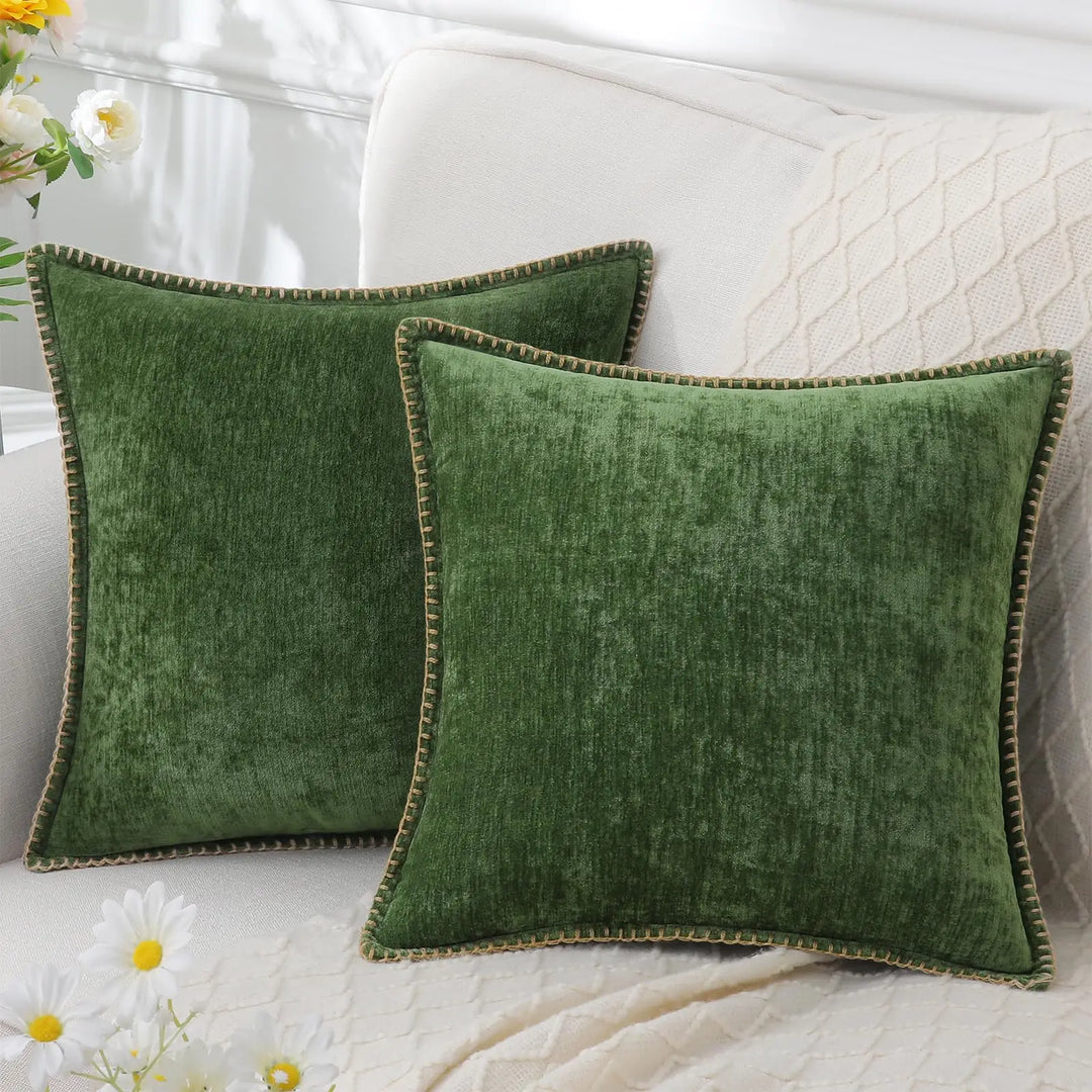 Forest green chenille cushion covers with detailed border stitching