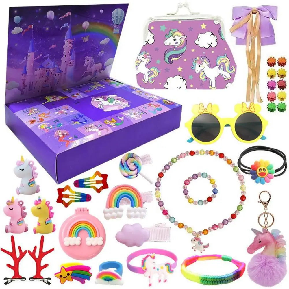 Purple advent calendar box open with assorted unicorn theme accessories and jewelry laid out