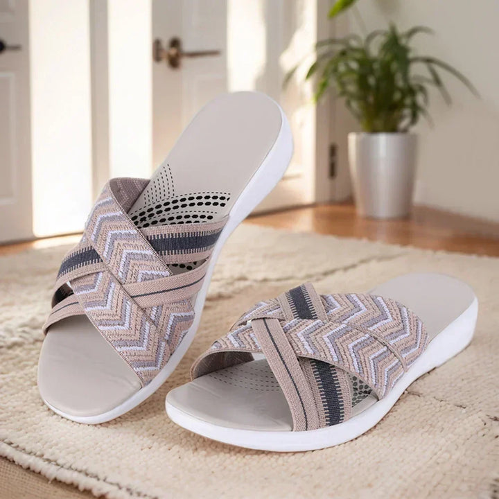 Women's orthopedic walking sandals viewed from the back heel angle