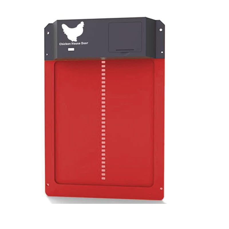 Battery-operated automatic chicken coop door open with daylight shining through