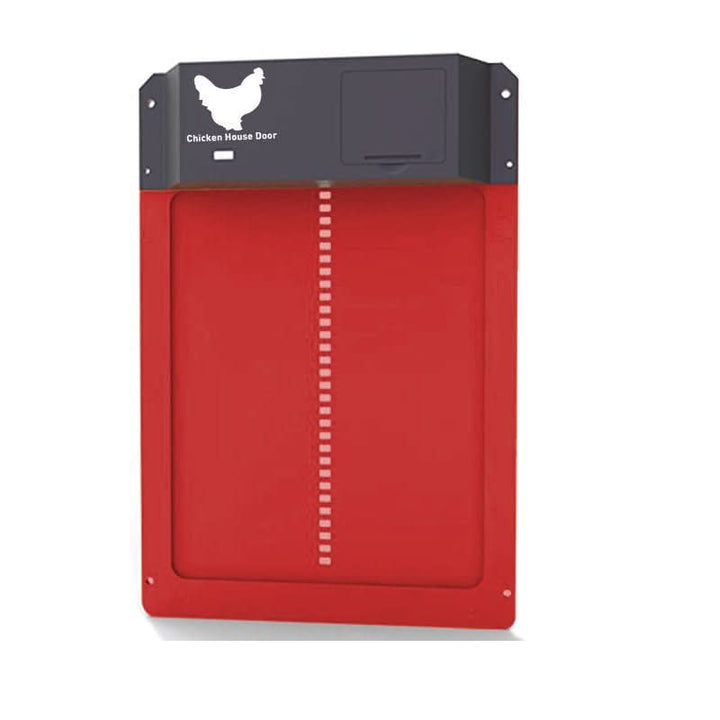Battery-operated automatic chicken coop door open with daylight shining through