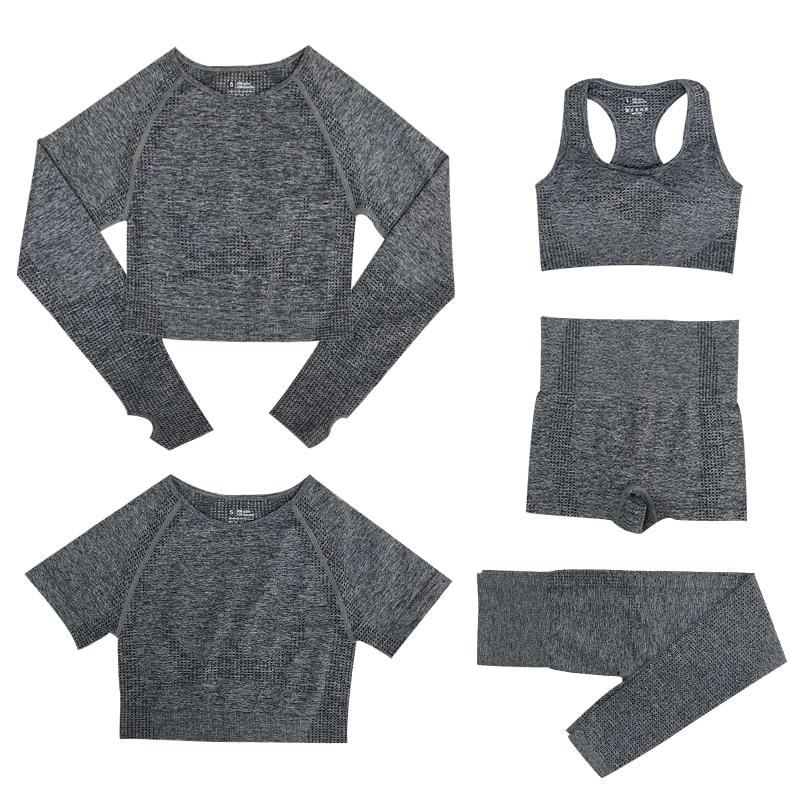 Workout outfit pieces stacked together to show all items in the 5-piece set