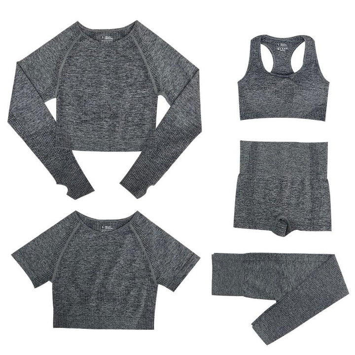 Workout outfit pieces stacked together to show all items in the 5-piece set