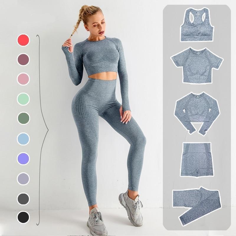 Grey seamless workout outfit set displayed alongside colour swatches and individual pieces