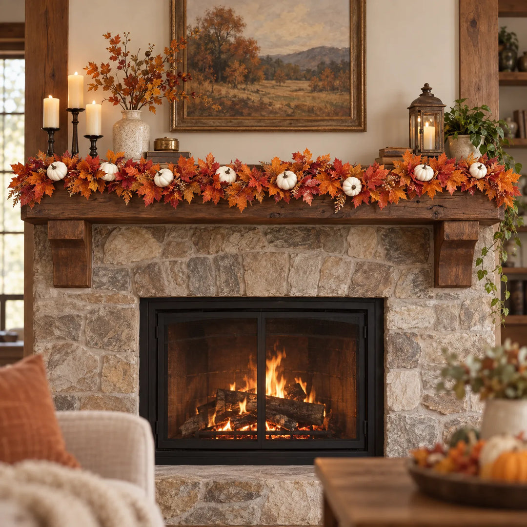 Autumn maple leaf and white pumpkin garland displayed across a stone fireplace mantel