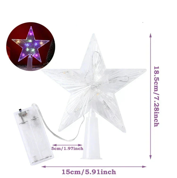 Festive holiday setting featuring glowing LED star tree topper atop a winter tree