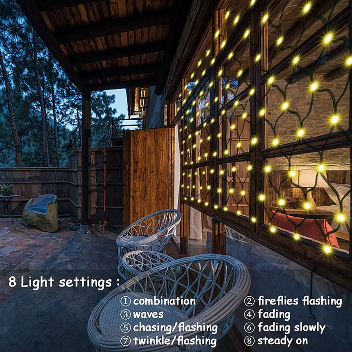 Solar panel and stake detail for outdoor LED fairy light net installation