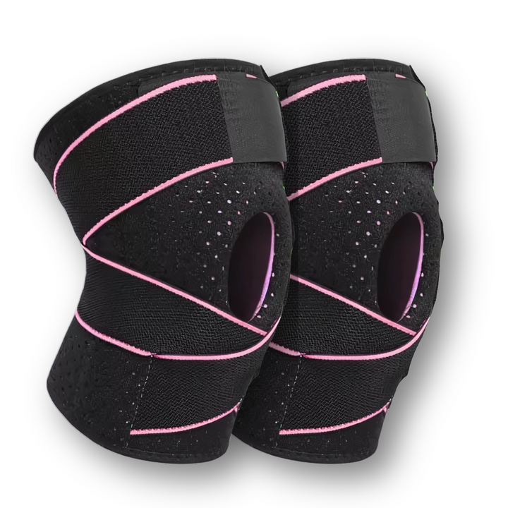 Detailed view of adjustable straps on patella stabilizing sports knee brace
