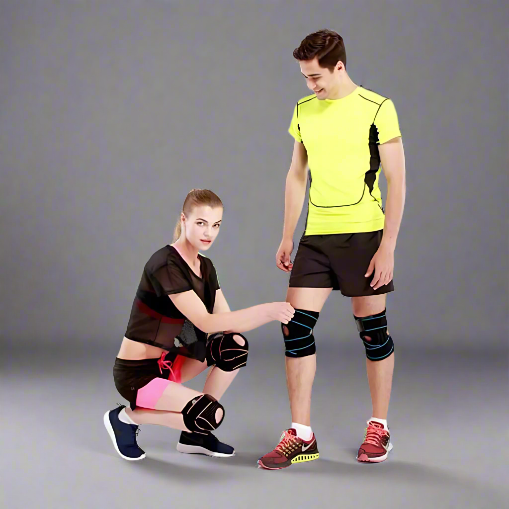 Athletes demonstrating the fit and support of the patella stabilising knee brace in a studio setting