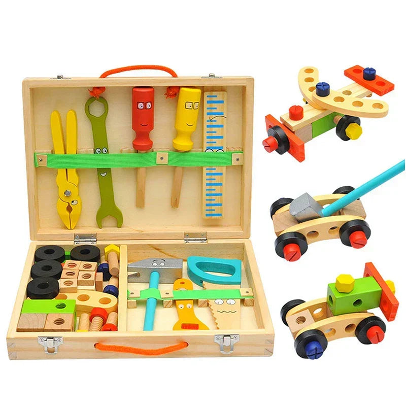 Open wooden tool box filled with colorful wooden toys, tools, and building parts