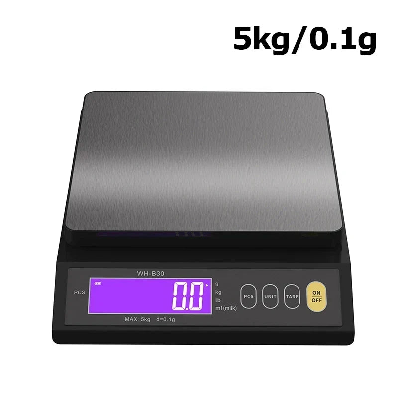 Digital electronic kitchen scale with stainless steel platform and clear control buttons