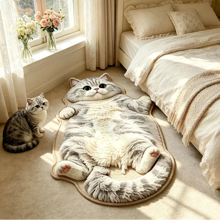Cute cat shaped fluffy accent rug in white for bedroom decor