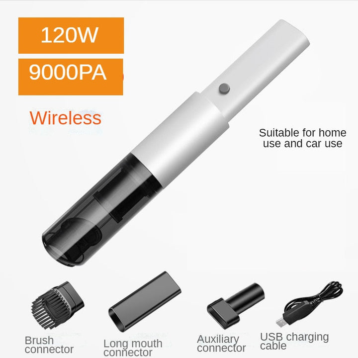 Compact cordless handheld vacuum cleaner showing suction nozzle for tight car seats