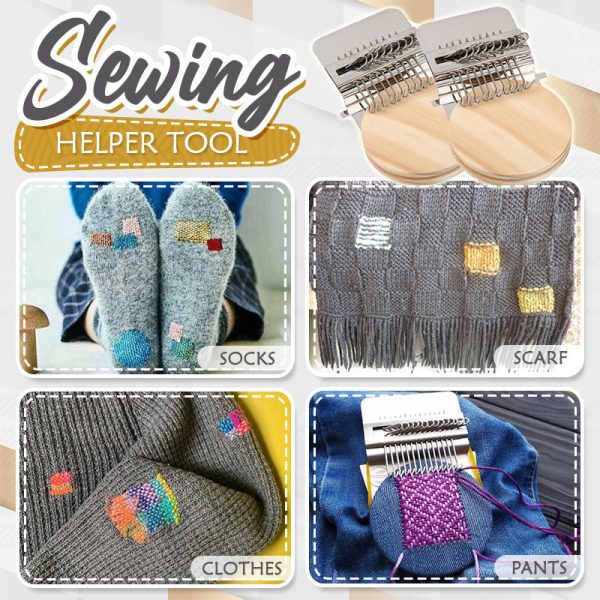 DIY weaving tool set shown with repaired socks and garments