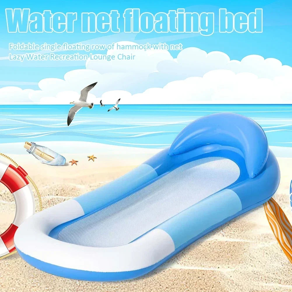 Water net floating bed promotional banner with beach scenery