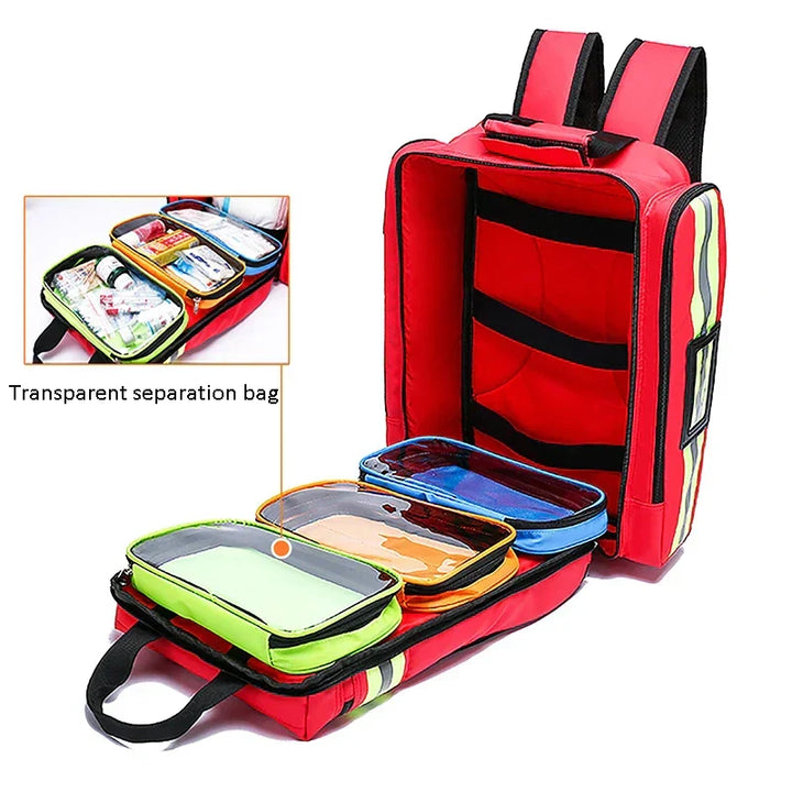All-season survival backpack resting on an outdoor trail