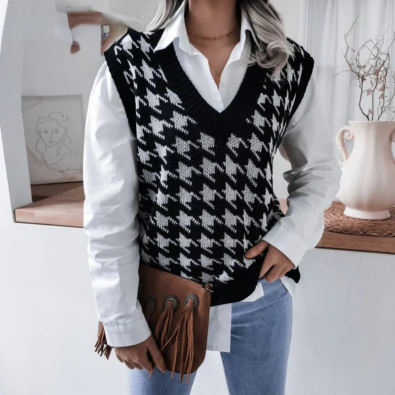 Back view of women's casual knitwear pullover vest