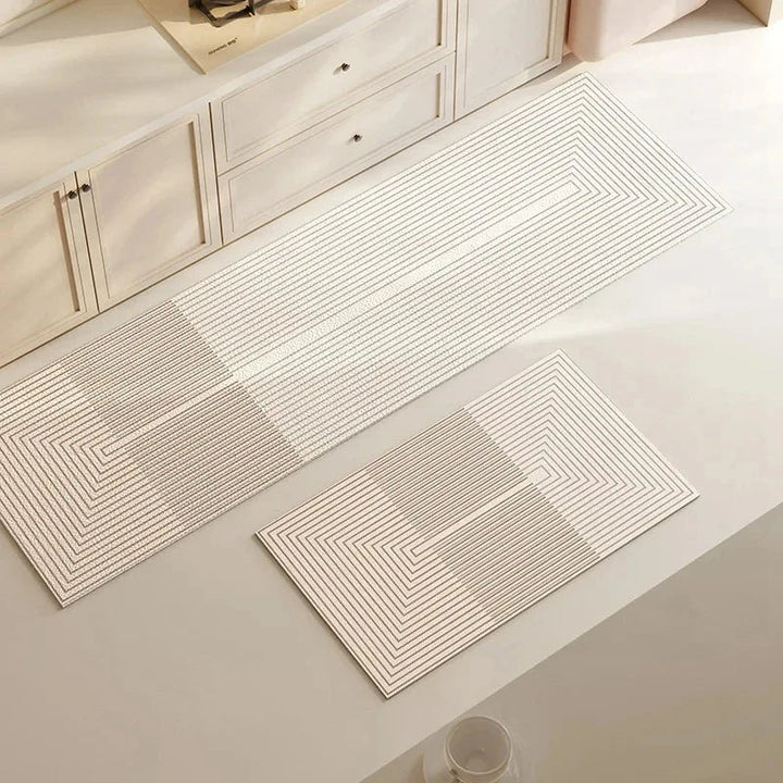 Modern geometric pattern kitchen mat and runner set on light flooring