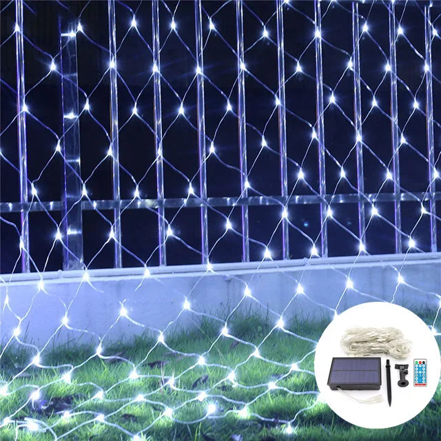 Close-up view of LED bulbs on a solar string light net for outdoor decor