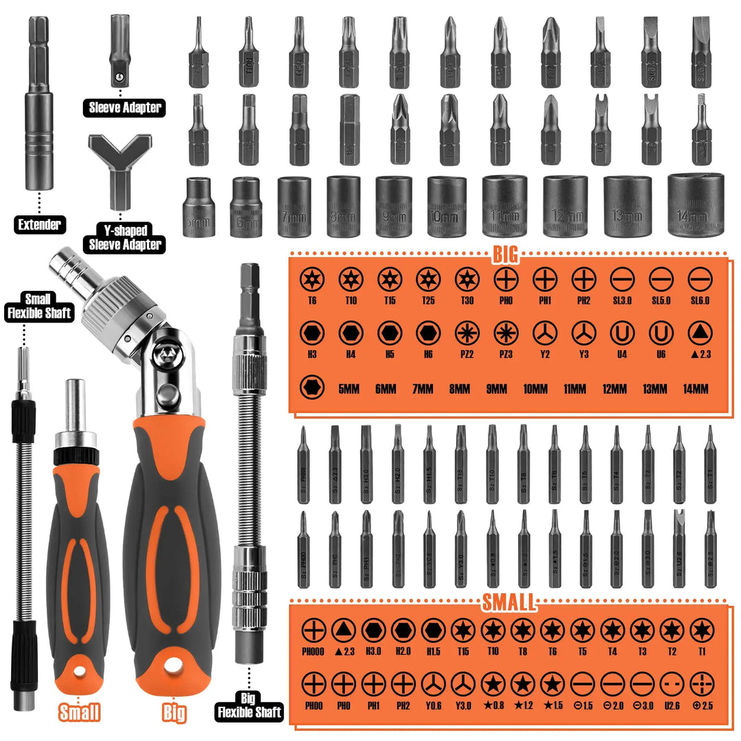 Full layout of all 68 pieces including screwdrivers, sockets, and various bits