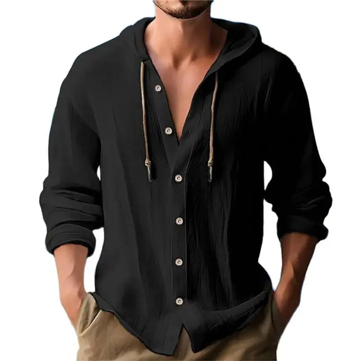 Casual mens top featuring long sleeves and attached hood for warm weather