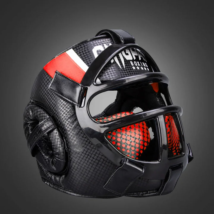 Detailed side profile of the red sparring head guard highlighting durable outer construction