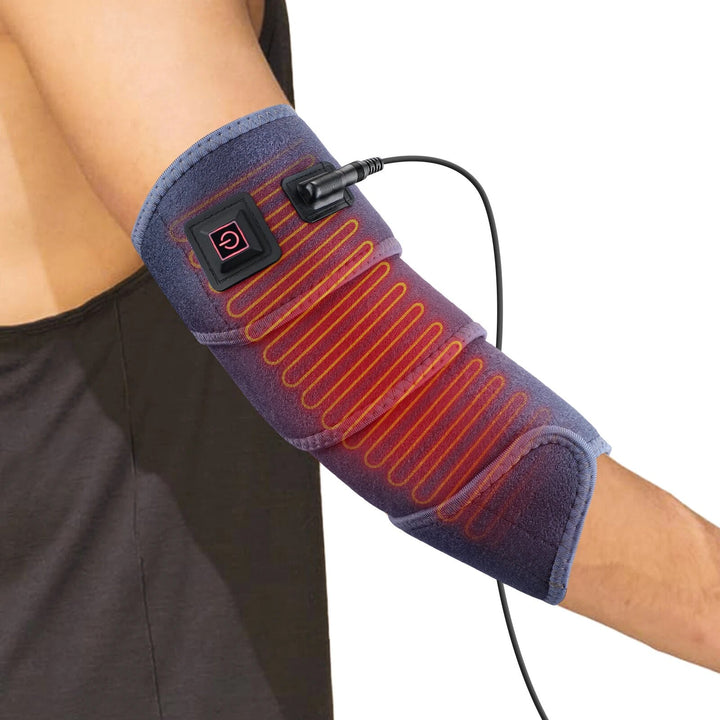 Close-up of a blue electric heating wrap secured around an arm with visible heating coils