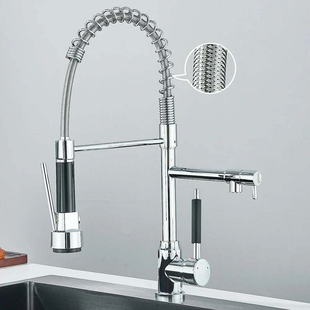 Modern matte black dual-spray kitchen faucet in home setting