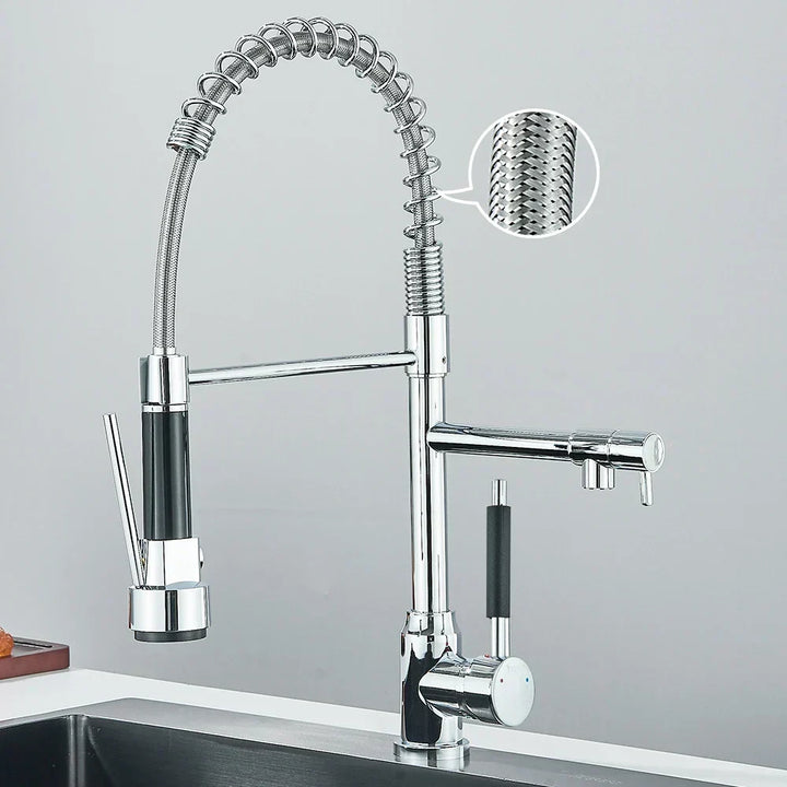 Modern matte black dual-spray kitchen faucet in home setting