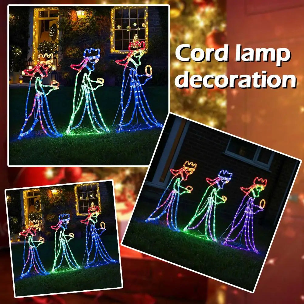 Collage showing multiple angles of the Three Wise Men outdoor cord lamp decoration