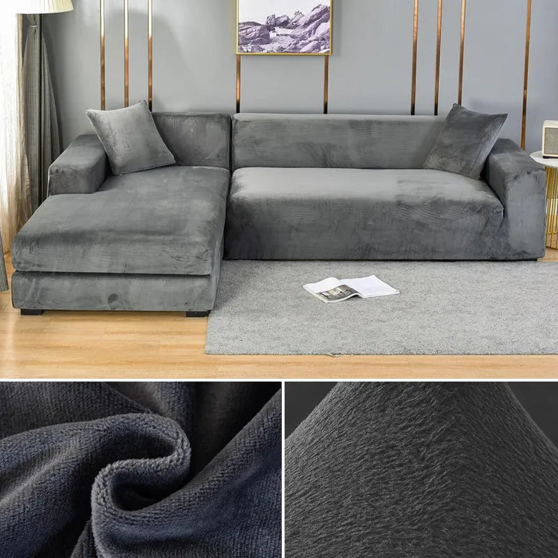 Close-up view of the soft textured fabric and installed sectional sofa cover