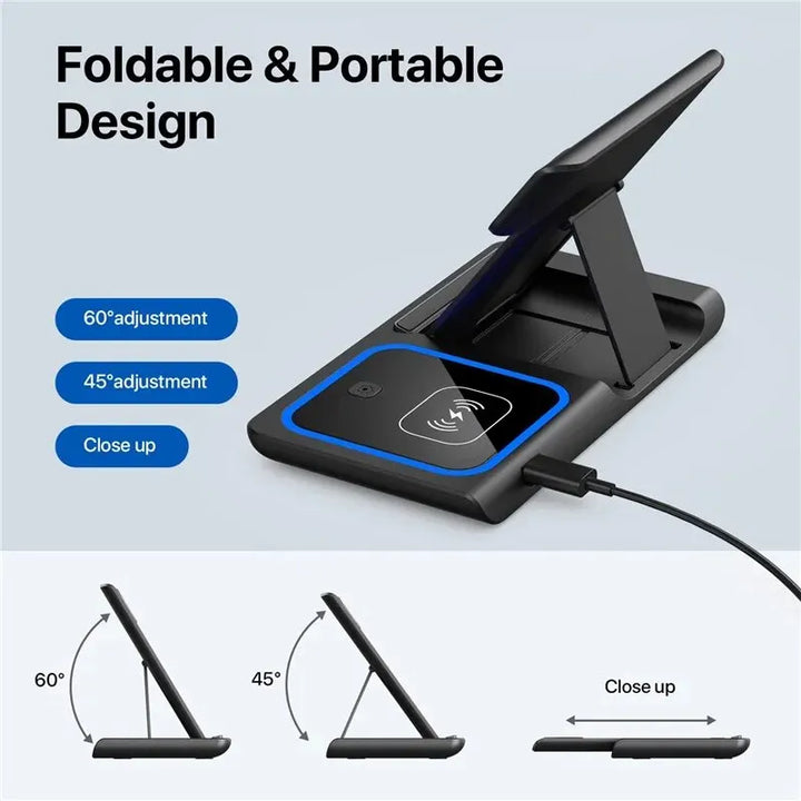 Foldable and adjustable wireless charging station showing different angle settings
