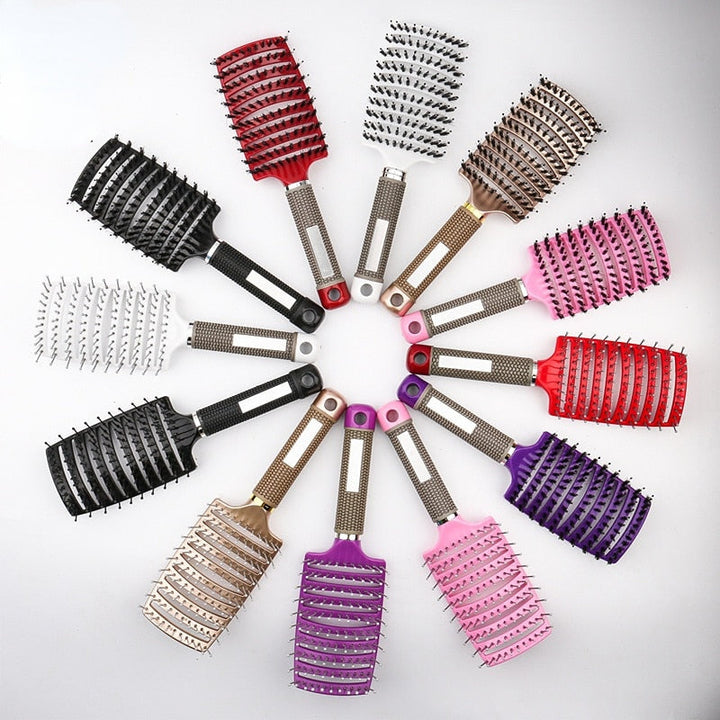 Side view of ergonomic anti-static detangling hairbrush styling tool