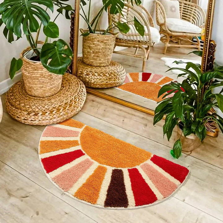 Top view of the decorative sunflower floral accent rug showing its unique shape and vibrant colors