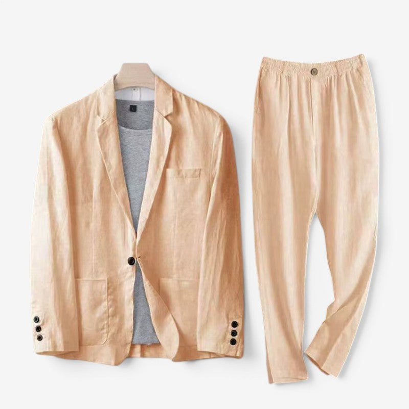 Men's two-piece blazer and wide-leg trousers set in casual summer style