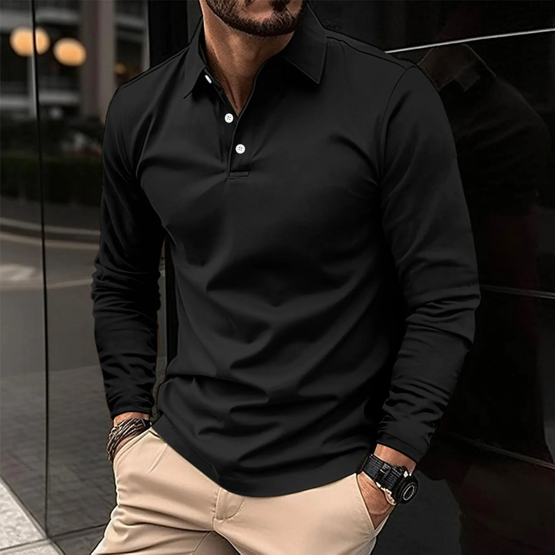 Men's smart casual long-sleeve polo shirt in solid color, front view