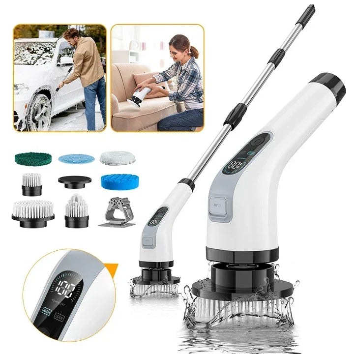 Cordless electric spin scrubber with multiple cleaning heads and extension rod