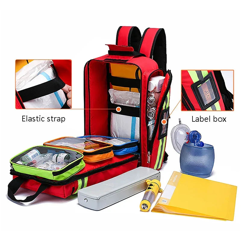First aid medical backpack open layout with compartment pockets