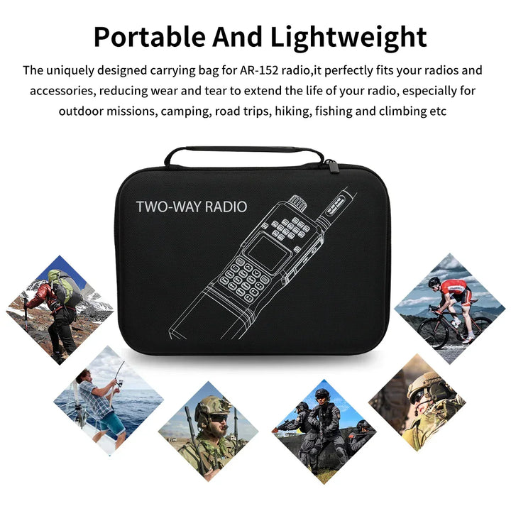 Portable and lightweight dual-band walkie talkie shown with outdoor adventure and tactical use cases